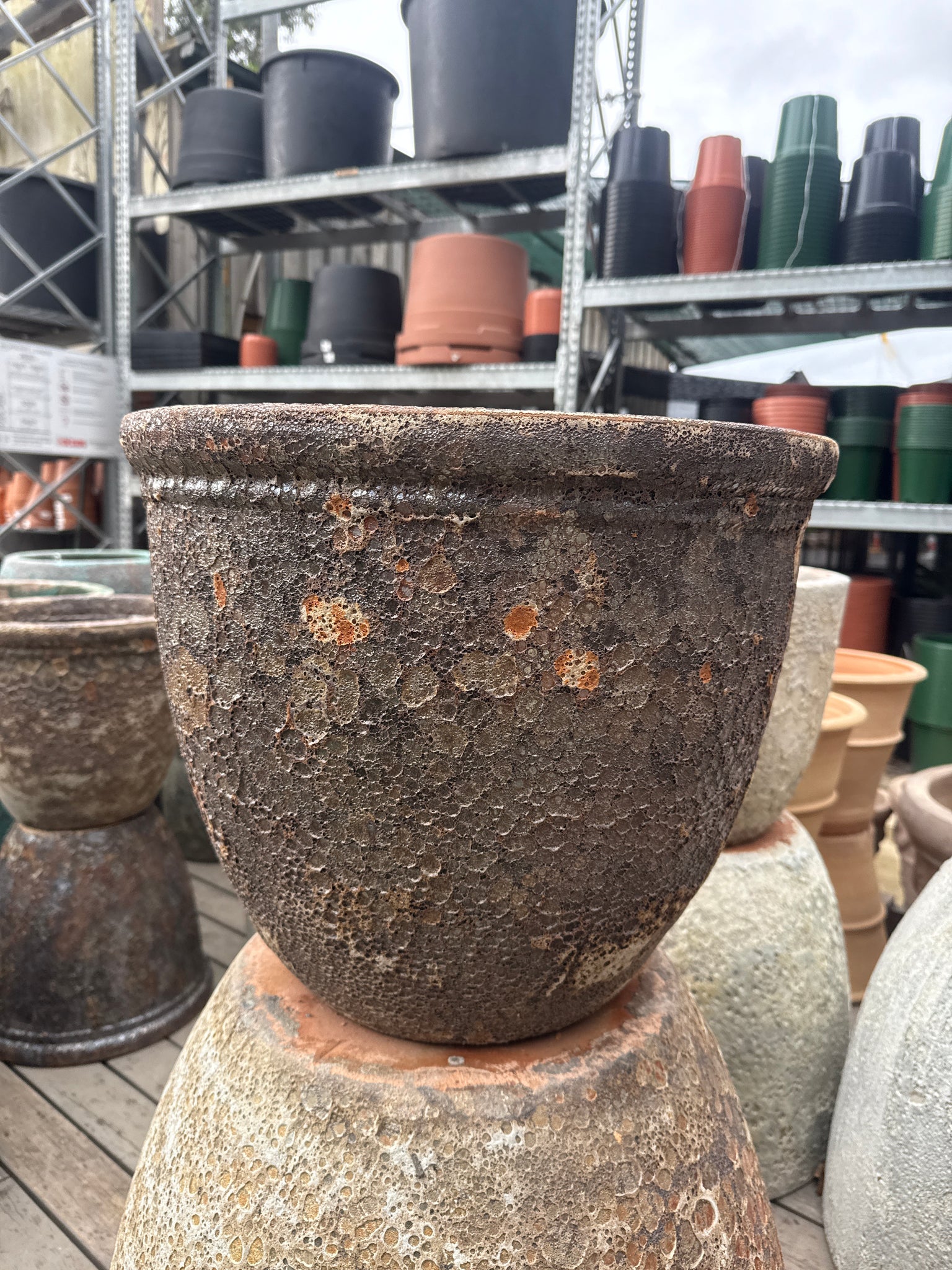 Lava Rock Rimmed Egg Pot Brown Medium 48 x 39cm